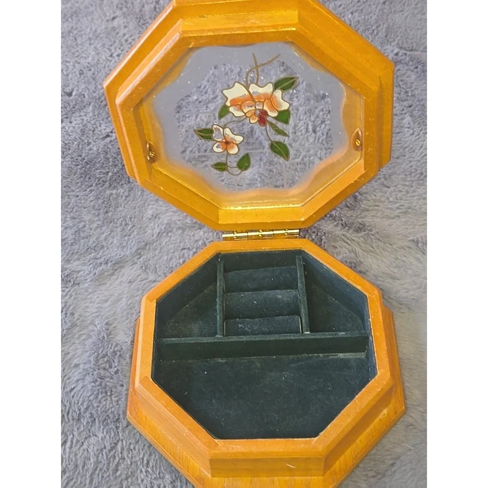 VTG Wooden Octagon Jewelry Box Floral Etched Glass Lid Mirror Inset Small‎ 70s